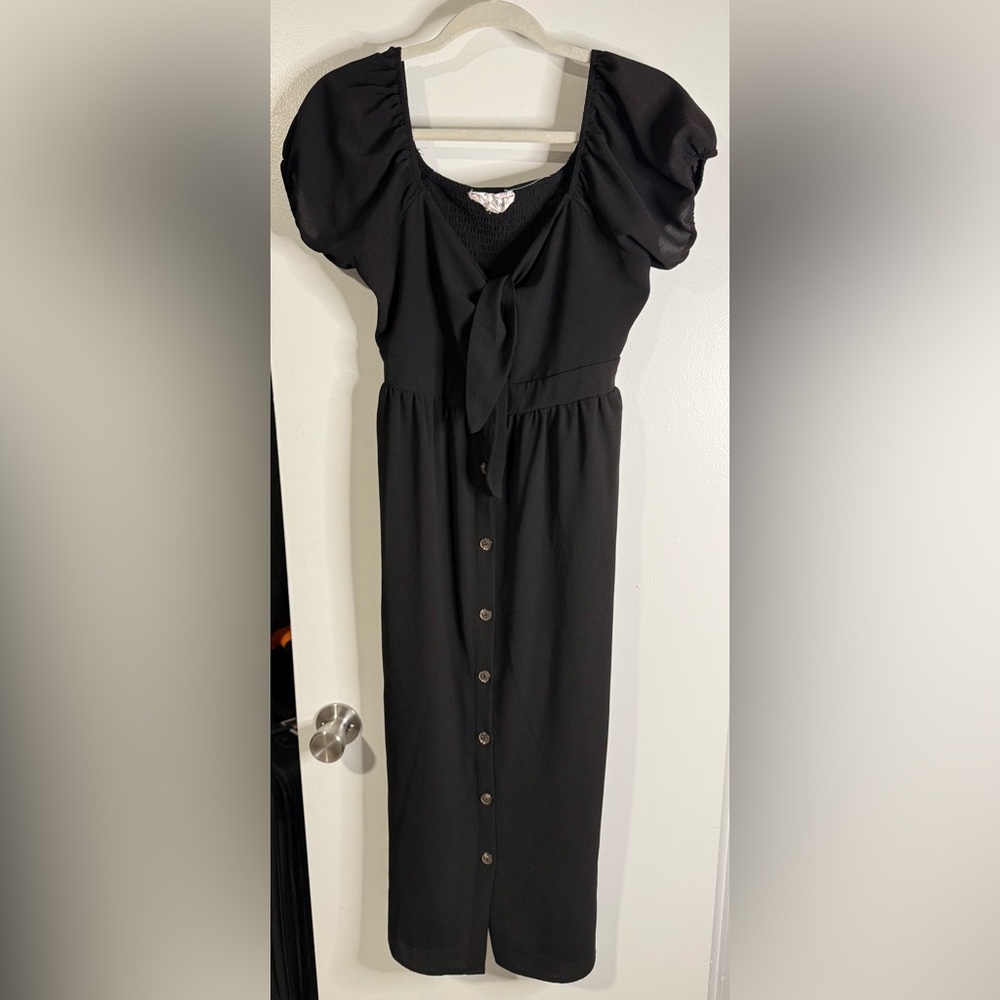 Pink Rose Elegant Black Midi Dress with Puff Sleeves
